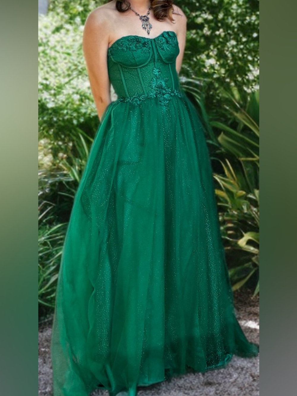 Strapless Emerald Green Evening Dress with Corset Bodice - Picture 3 of 6